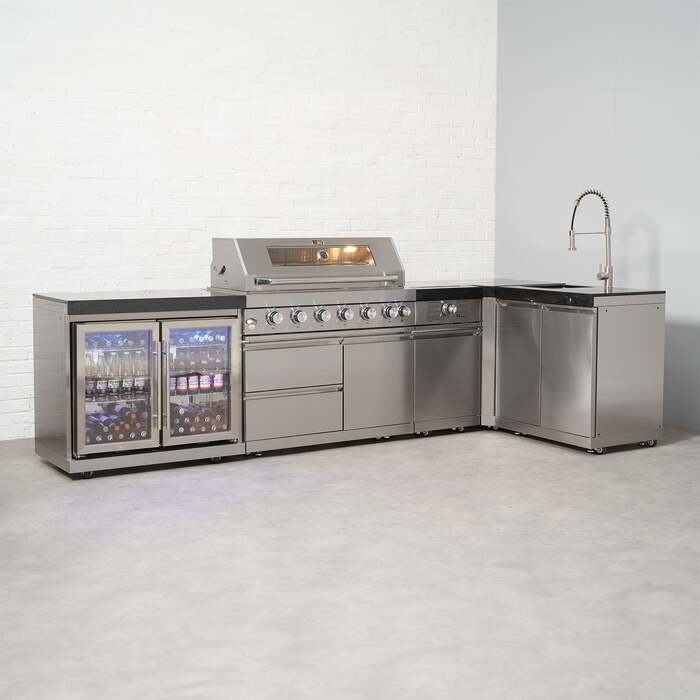 Draco Grills 6 Burner BBQ Modular Outdoor Kitchen with Sear Station, Double Fridge and Sink, Without Granite Side Panels