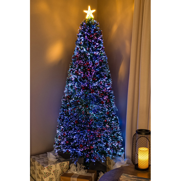 Green Fibre Optic Christmas Tree 2ft - 7ft with Multi Coloured Fibre Optic Lights and Red Berries, 6FT