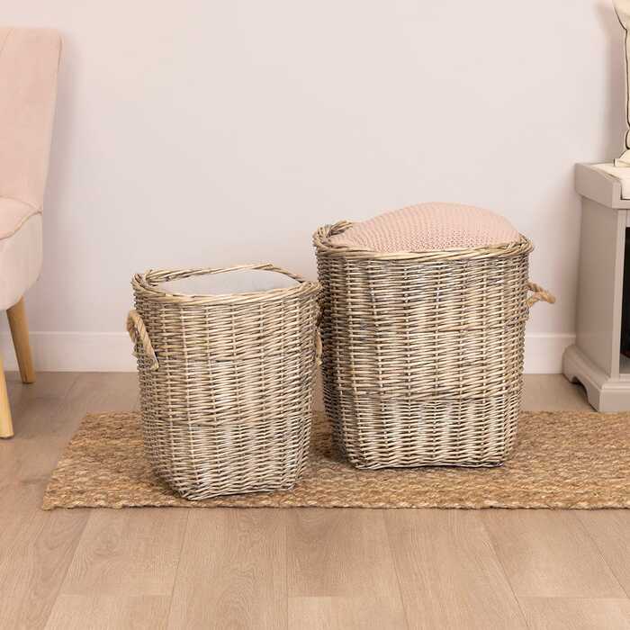 Set Of Two Fabric Lined Wicker Log Baskets
