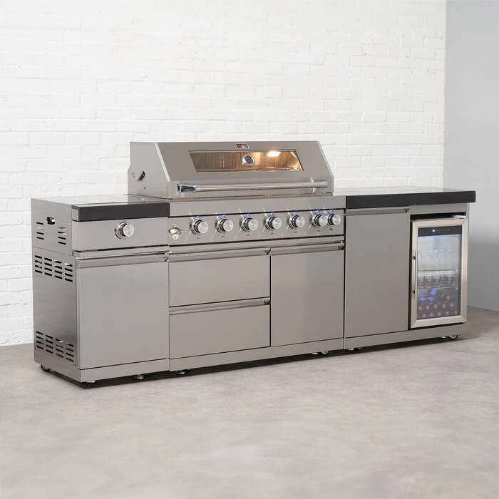 Draco Grills 6 Burner BBQ Modular Outdoor Kitchen with Sear Station and Single Fridge Unit, With Granite Side Panels