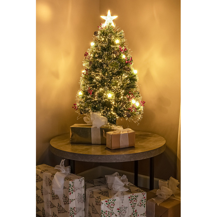Green Fibre Optic Christmas Tree 3ft - 7ft with Berries, Cones and Warm White LED Stars, 3FT