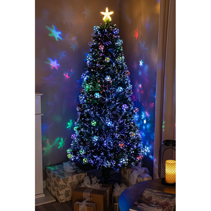 2ft - 7ft Green Fibre Optic Christmas Tree with Multi Coloured LED Lights and Baubles, 6FT