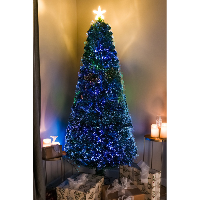 2ft - 7ft Green Pin Prick Fibre Optic Christmas Tree with Multi Coloured Fibre Optic Lights, 4FT