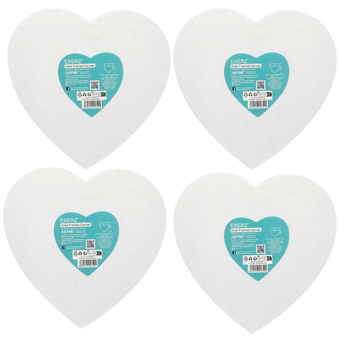 Exerz 20cm Heart Shape Stretched Canvas 4 Pack - 1.7cm 280GSM/ 100% Cotton Blank/Triple Primed