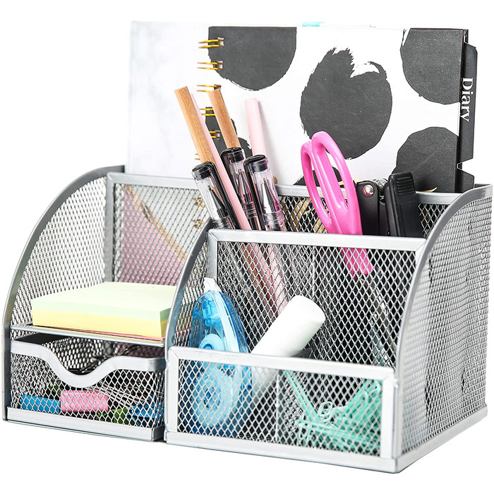 EXERZ Desk Organiser with 7 Compartments -Mesh Desk Tidy Caddy - Silver