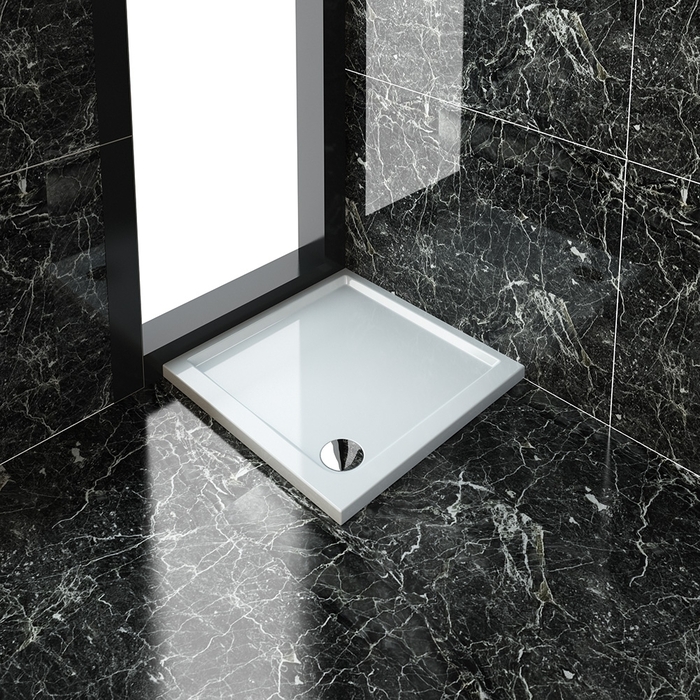 ELEGANT 760x760mm Ultra - Slim Low Profile Stone Resin Shower Tray + 90mm Fast Flow Waste