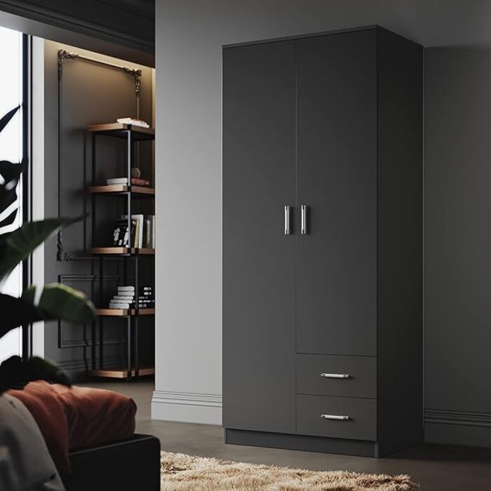 ELEGANT Wooden Wardrobe with Hanging Rail for Home Bedroom 2 Drawers Black