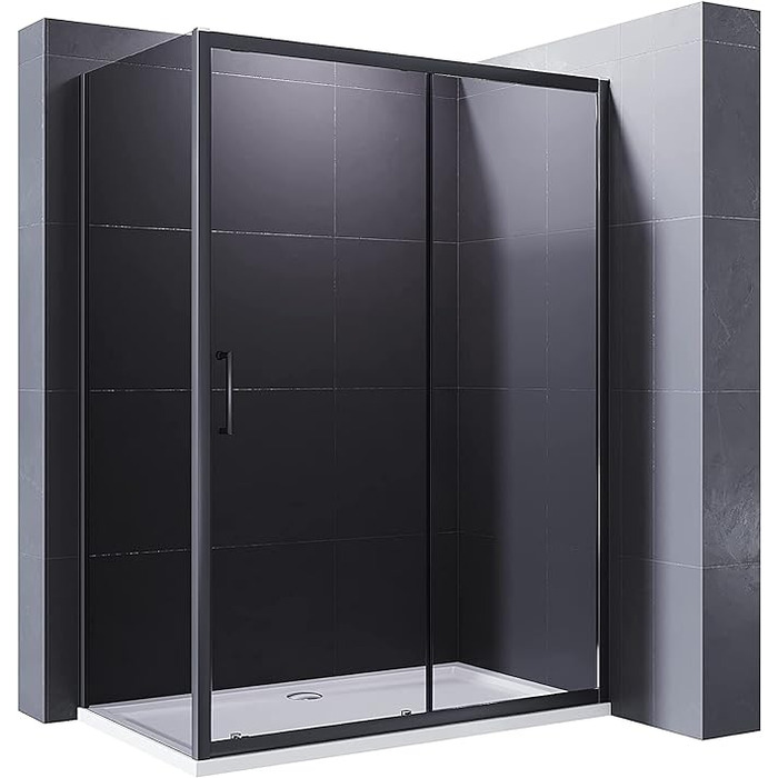 ELEGANT 1400 x 700mm Black Sliding Shower Door With Side Panel 8mm Easy Clean Nano Glass Shower Enclosure