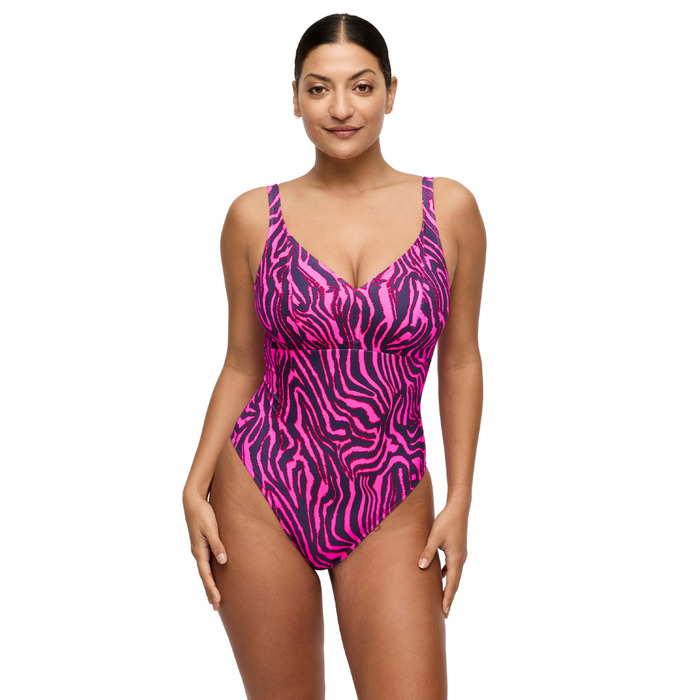 Prima Donna Malabo Plunge Wireless Swimsuit - Hot Pink Zebra - 34C