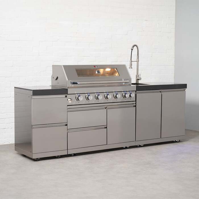 Draco Grills 6 Burner BBQ Modular Outdoor Kitchen with Double Drawers and Sink Unit, Without Granite Side Panels