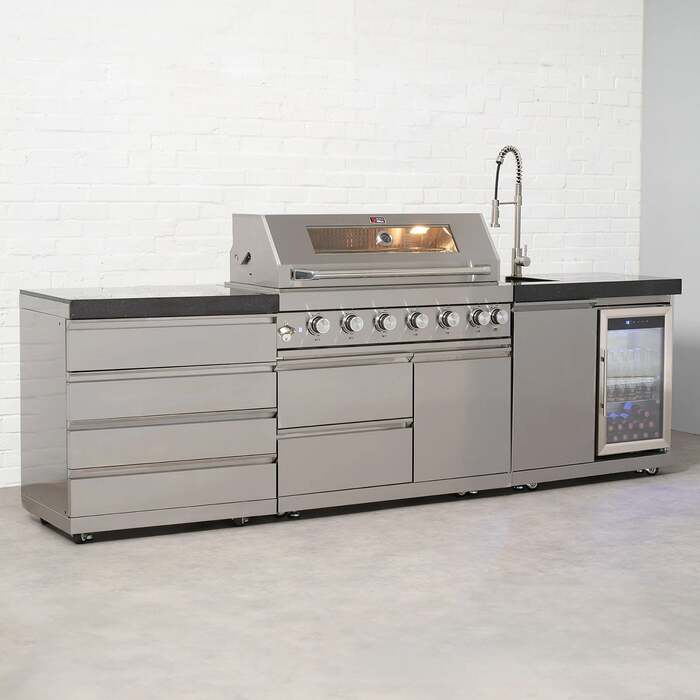 Draco Grills 6 Burner BBQ Modular Outdoor Kitchen with Quad Drawer and Single Fridge and Sink Unit, Mid May 2026 / Without Granite Side Panels