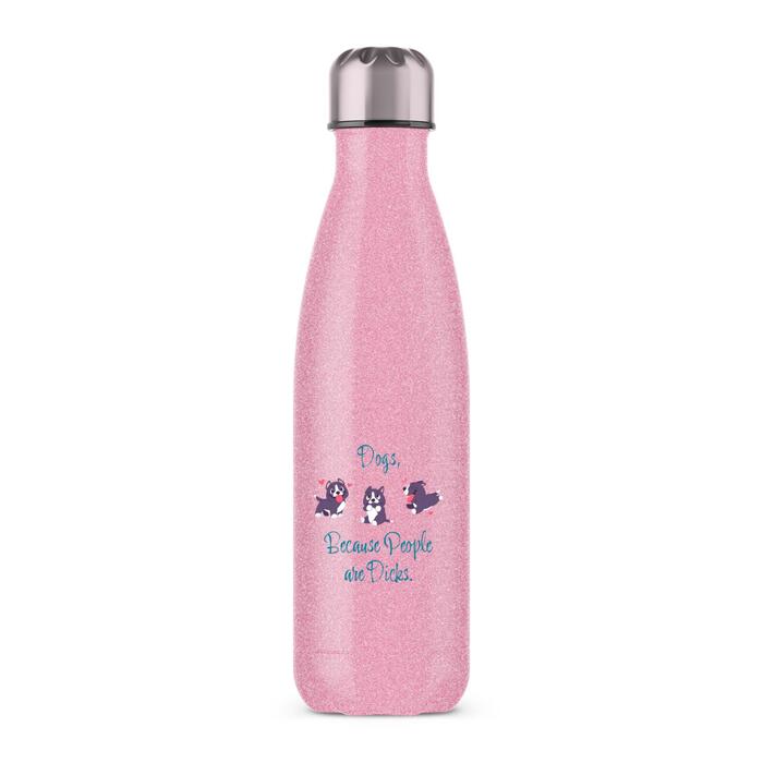 Dogs, Because People Are Dicks Water Bottle - Pink Glitter, One