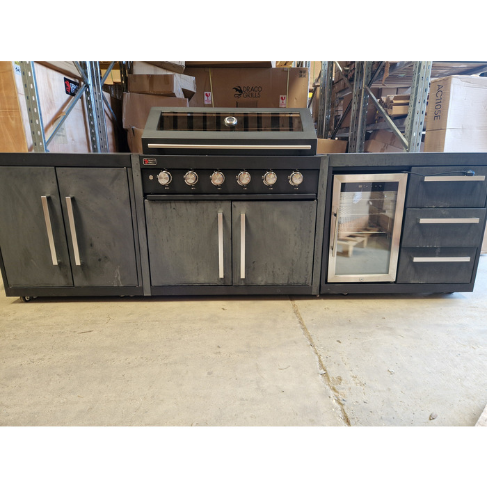 Ex Display Draco Grills Fusion 6 Burner Black Outdoor Kitchen with Single Fridge and Double Cupboard