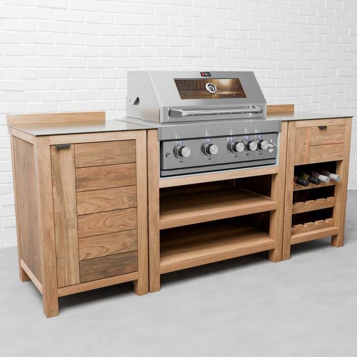 Draco Grills Teak 4 Burner Outdoor Kitchen with Modular Single Cupboard and Wine Cabinet, End of January 2026 / Without Side Panels