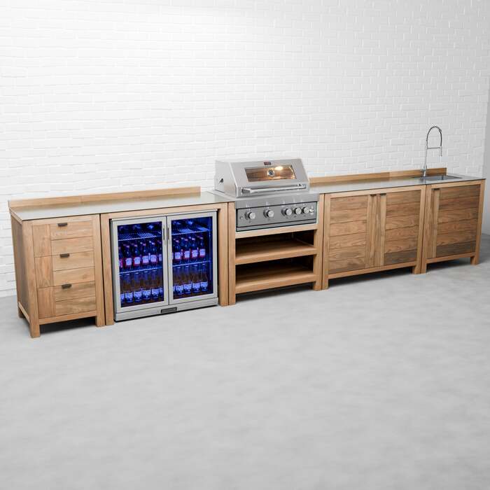 Draco Grills Teak 4 Burner Outdoor Kitchen with Modular Triple Drawer Unit, Double Cupboard, Sink, Double Fridge, End of January 2026 / Without Side Panels