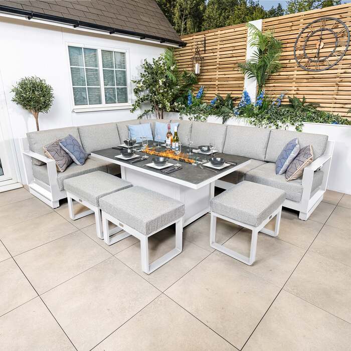 Bracken Outdoors Panama Warm Grey Aluminium Rectangular Corner Sofa Set with Fire Pit Table