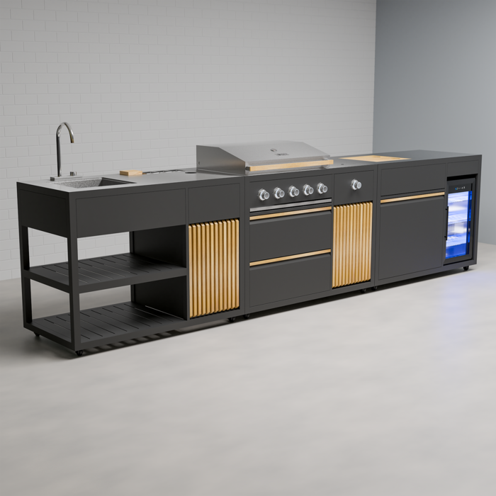 Draco Grills Scandic Line Modular Outdoor Kitchen with 5 Burner BBQ, Fridge and Sink, With Complete Teak Bar Package