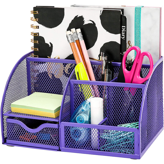 EXERZ Desk Organiser with 7 Compartments -Mesh Desk Tidy Caddy - Purple