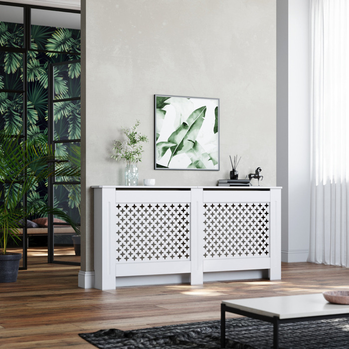 ELEGANT White 1720mm Cross Grille Radiator Cover Traditional 3 Pattern Slatted Wood Decor
