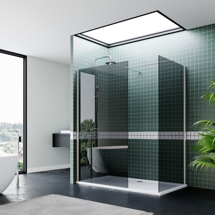 ELEGANT 1400x800mm Smoked Glass Walk-In Shower Enclosure 8mm Easy Clean (Inc. Shower Panels, Shower Tray+Waste)
