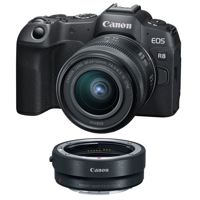 Canon EOS R8 Mirrorless Camera with RF 24-50mm f/4. 5-6. 3 IS STM Lens with EF-EOS R mount adapter