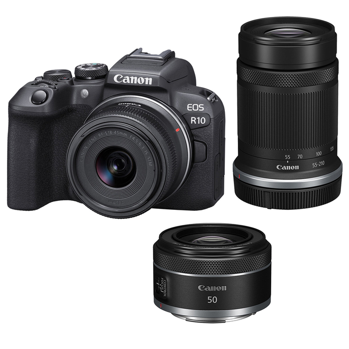 Canon EOS R10 Mirrorless Camera with RF-S 18-45mm, RF-S 55-210mm and RF 50mm f1. 8 STM Lenses