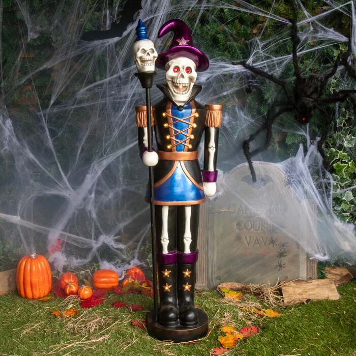 4ft Blue and Purple Halloween Nutcracker Skeleton with Skull Staff and LED Lights