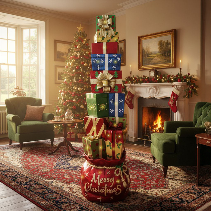 6ft Multi-Coloured Christmas Present Stack with LED Lights