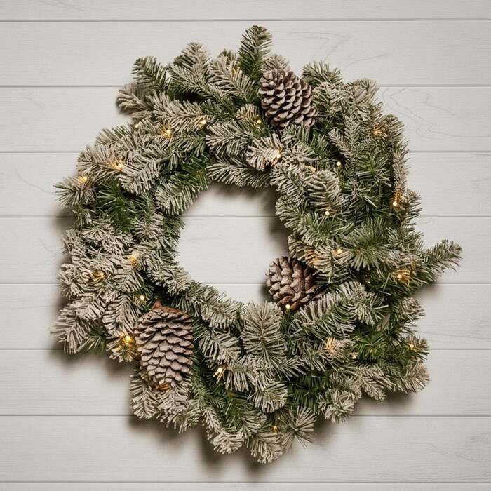 The Christmas Centre Frosted Winterfold Fir 26in (66cm) Prelit Christmas Wreath with Warm White Battery Operated LED Lights
