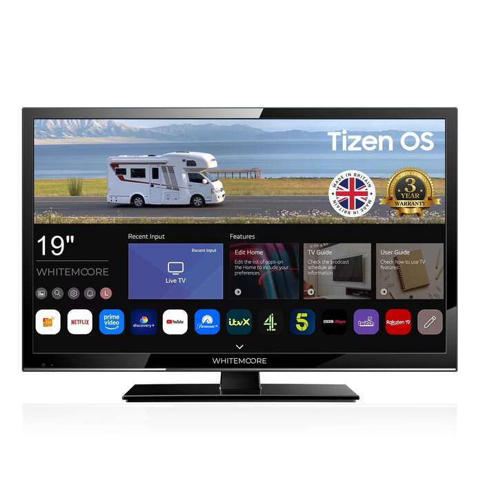Whitemoore 19” 12V/24V Smart TV – Tizen OS, WiFi, Freeview, Netflix, Prime, Airplay, HDMI/USB, for Caravan/Truck/Boat, 3-Year Warranty