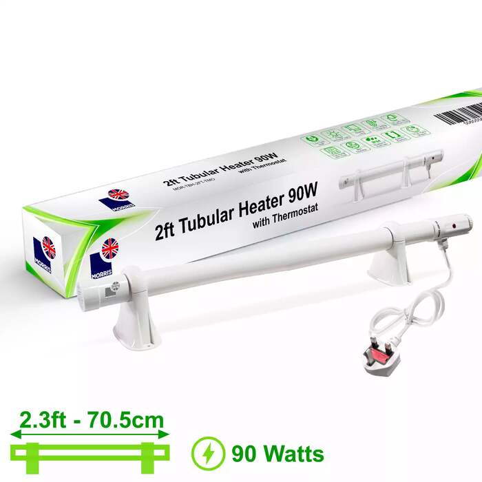 Morris 2ft Tubular Heater With Thermostat - Slimline 90 Watts - Thermostat Heat Range