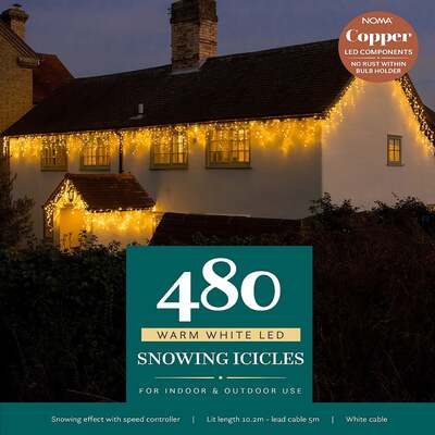 Noma Christmas 144, 240, 360, 480, 720, 960 Snowing Icicle LED Lights with White Cable - Warm White, 480 Bulbs
