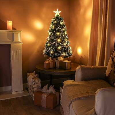 2ft - 7ft Green Fibre Optic Christmas Tree with Warm White LED's and Fibre Optic Lights, 3FT