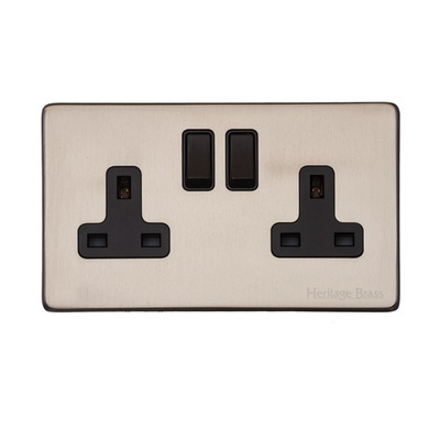 M Marcus Electrical Vintage Double 13 AMP Switched Socket, Satin Nickel With Black Switch - X05.150.BK SATIN NICKEL