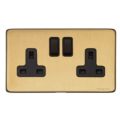 M Marcus Electrical Vintage Double 13 AMP Switched Socket, Satin Brass With Black Switch - X44.150.BK SATIN BRASS