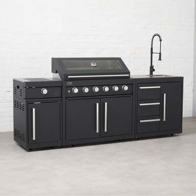 Draco Grills Fusion 6 Burner Black Outdoor Kitchen with Modular Side Burner and Sink, Mid May 2025