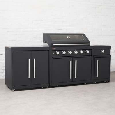 Draco Grills Fusion 6 Burner Black Outdoor Kitchen with Modular Side Burner and Double Cupboard, Mid June 2025