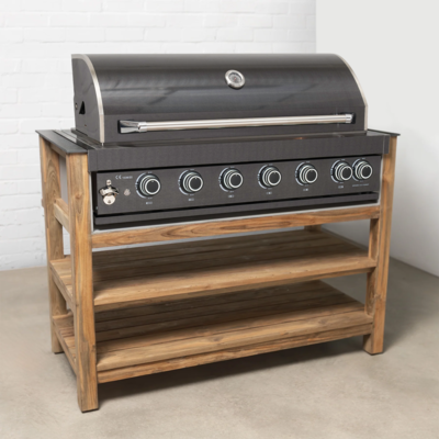 Draco Grills Teak Modular Outdoor Kitchen BBQ Unit with Black Stainless Steel 6 Burner Barbecue, Mid May 2025