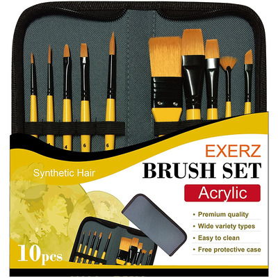 Exerz Artist Acrylic Paint Brush Set 10 pcs Synthetic Hair in a Case- Acrylic