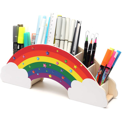 EXERZ Rainbow Pencil Holder + 50pcs Star Stickers - Wooden Desk Organiser
