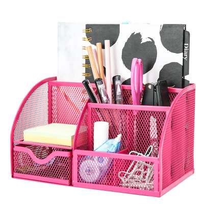 EXERZ Desk Organiser with 7 Compartments -Mesh Desk Tidy Caddy - Pink