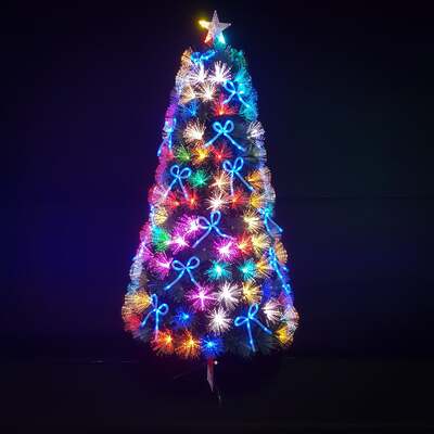Green Fibre Optic Christmas Tree 2ft to 7ft with Multi Coloured LED Lights and Blue Bows, 7ft / 2.1m