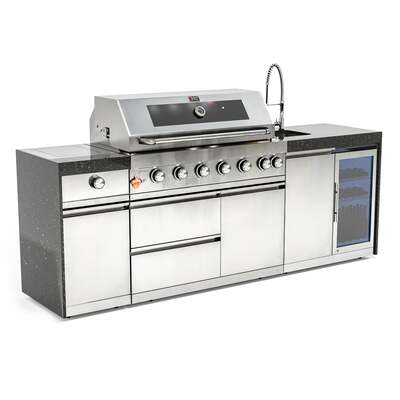 Draco Grills 6 Burner BBQ Modular Outdoor Kitchen with Sear Station, Sink and Fridge Unit, Mid June 2025 / Without Granite Side Panels