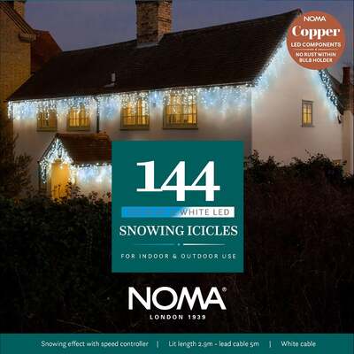 Noma Christmas 240, 360, 480, 720, 960 Snowing Icicle LED Lights with White Cable- White/ Ice Blue, 144 Bulbs
