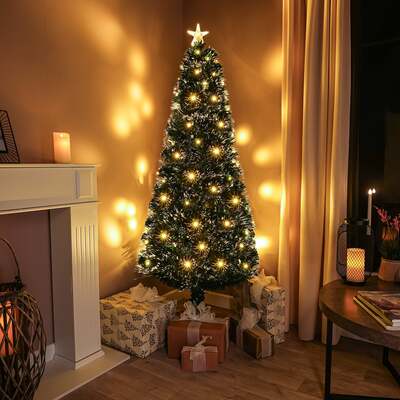 2ft - 7ft Green Fibre Optic Christmas Tree with Warm White LED's and Fibre Optic Lights, 7FT