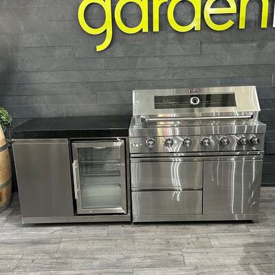 Ex Display Draco Grills 4 Burner Black Stainless Steel Outdoor Kitchen with Sear Station, Single Fridge and Bin Cabinet