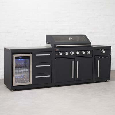 Draco Grills Fusion 6 Burner Black Outdoor Kitchen with Modular Side Burner and Single Fridge, End of May 2025