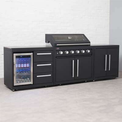 Draco Grills Fusion 6 Burner Black Outdoor Kitchen with Modular Single Fridge and Double Cupboard, Mid June 2025