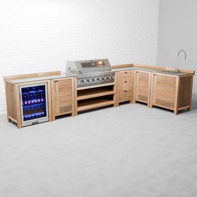 Draco Grills Teak 6 Burner Outdoor Kitchen with Modular Single Fridge, Single Cupboard, Corner Cabinet, Sink, Mid June 2025 / Without Side Panels