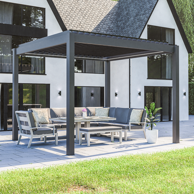 Bracken Outdoors Eclipse Plus 3m x 3m Grey Square Motorised Aluminium Garden Pergola with Lights